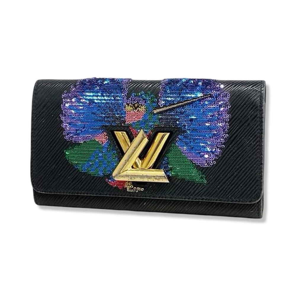 Louis Vuitton Black Epi Leather Wallet with Sequin Floral Appliqué
